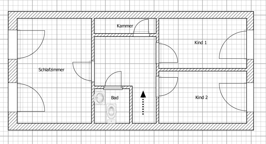 Floor plan: bedroom on the left, bathroom in the center, storage room, two children’s rooms on the right; staircase.