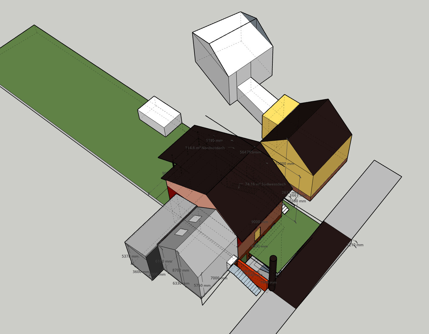 3D-architecture model of a house with roof, garden, and driveway