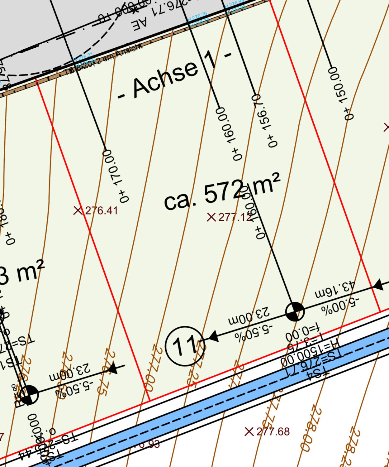 Survey plan: Plot approx. 572 m², red boundary lines, brown contour lines, axis 1.