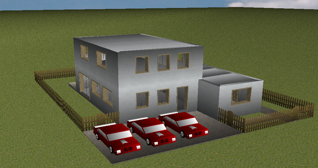 3D house model with large main building, outbuilding, fence and three red cars in front of the driveway