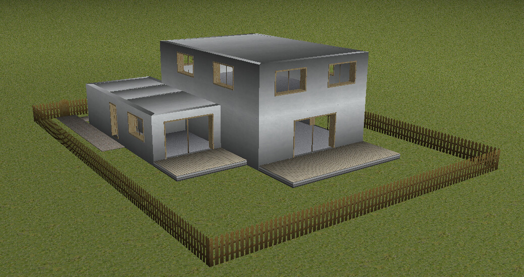 Modern two-story house with gray facade, large windows, terraces, and wooden fence around the property.