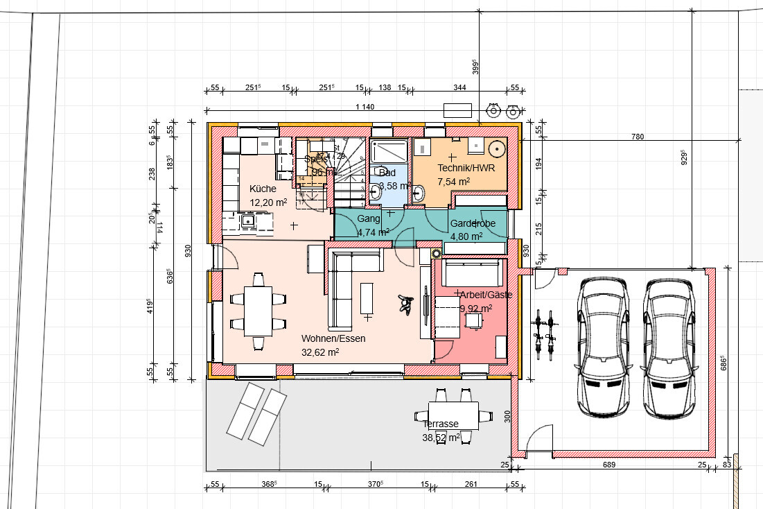 Ground floor plan: kitchen, living/dining, office/guest, bathroom, technical/utility room, cloakroom, terrace, garage.
