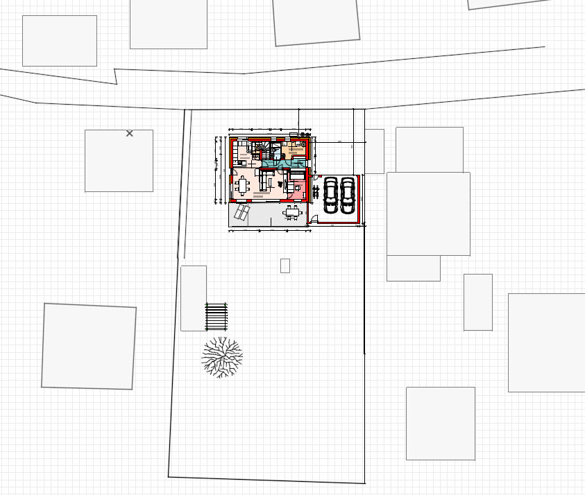 Site plan of a single-family house with garage, garden, and surrounding buildings.