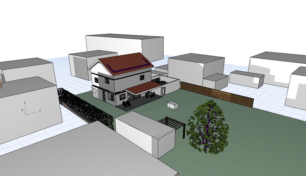 Two-story house with brown roof in garden, terrace with chairs, tree, and surrounding buildings.