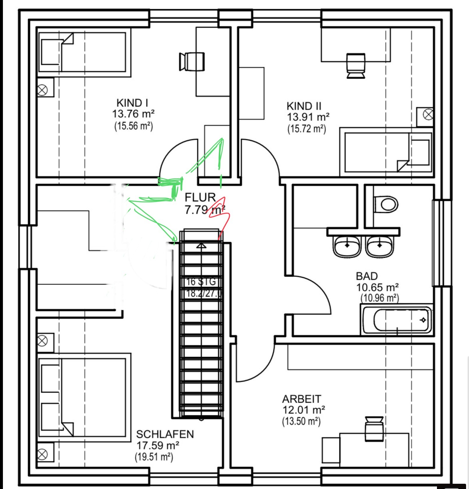 Floor plan of an apartment: Hallway leads to bedrooms and study, two children's rooms, and bathroom.