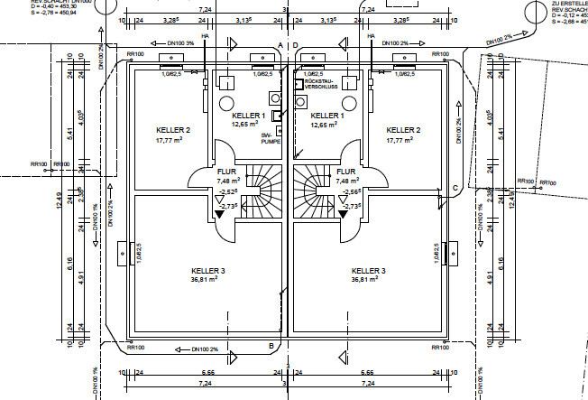 Floor plan of a double basement with two mirrored units: cellars 1-3, corridors, and stairs.