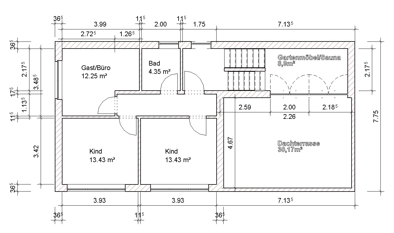 Grundriss eines Hauses mit Gast/Büro, Bad, zwei Kinderräumen und Dachterrasse.