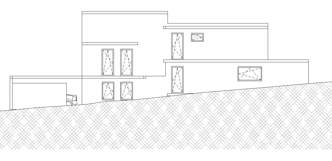 Moderne Villa auf Hang mit Garage links und vielen Fenstern.