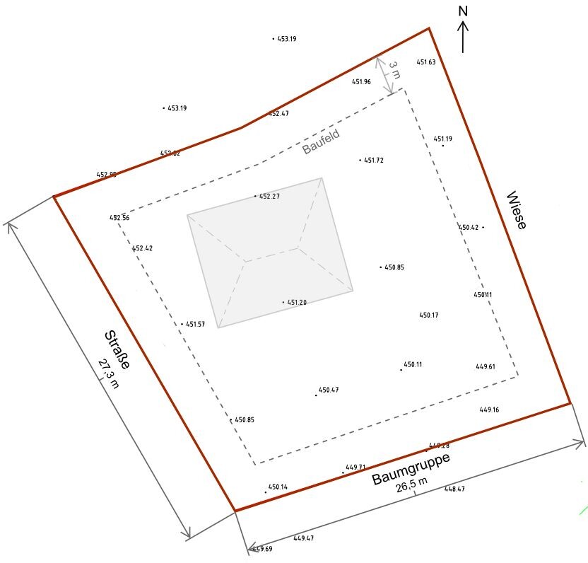 2D Lageplan eines Baugrundstücks mit Gebäudegrundriss und Grundstücksgrenzen