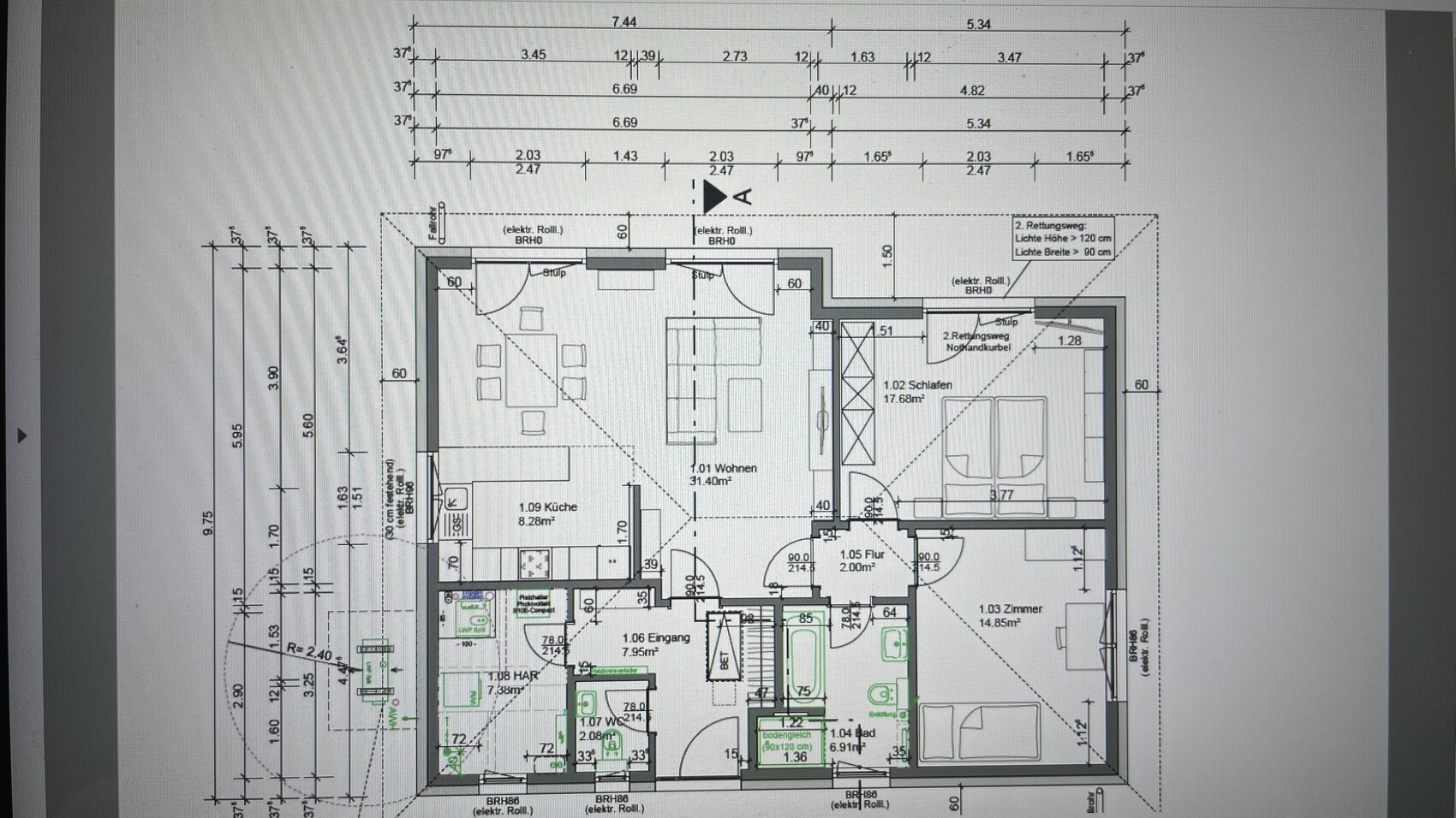 Floor plan of a residential house: living room, kitchen, hallway, bedroom, and another room with measurements.