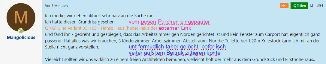 Screenshot of a chat: profile avatar M, blue background, text about the floor plan and rooms.