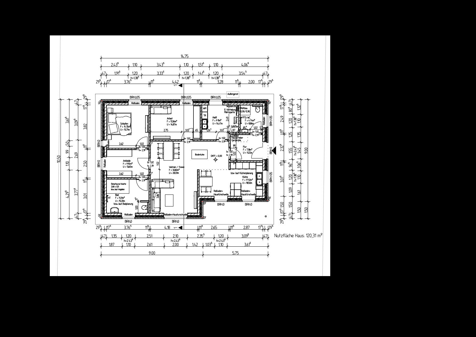 Grundriss eines Hauses mit Räumen, Maßen und Wänden.