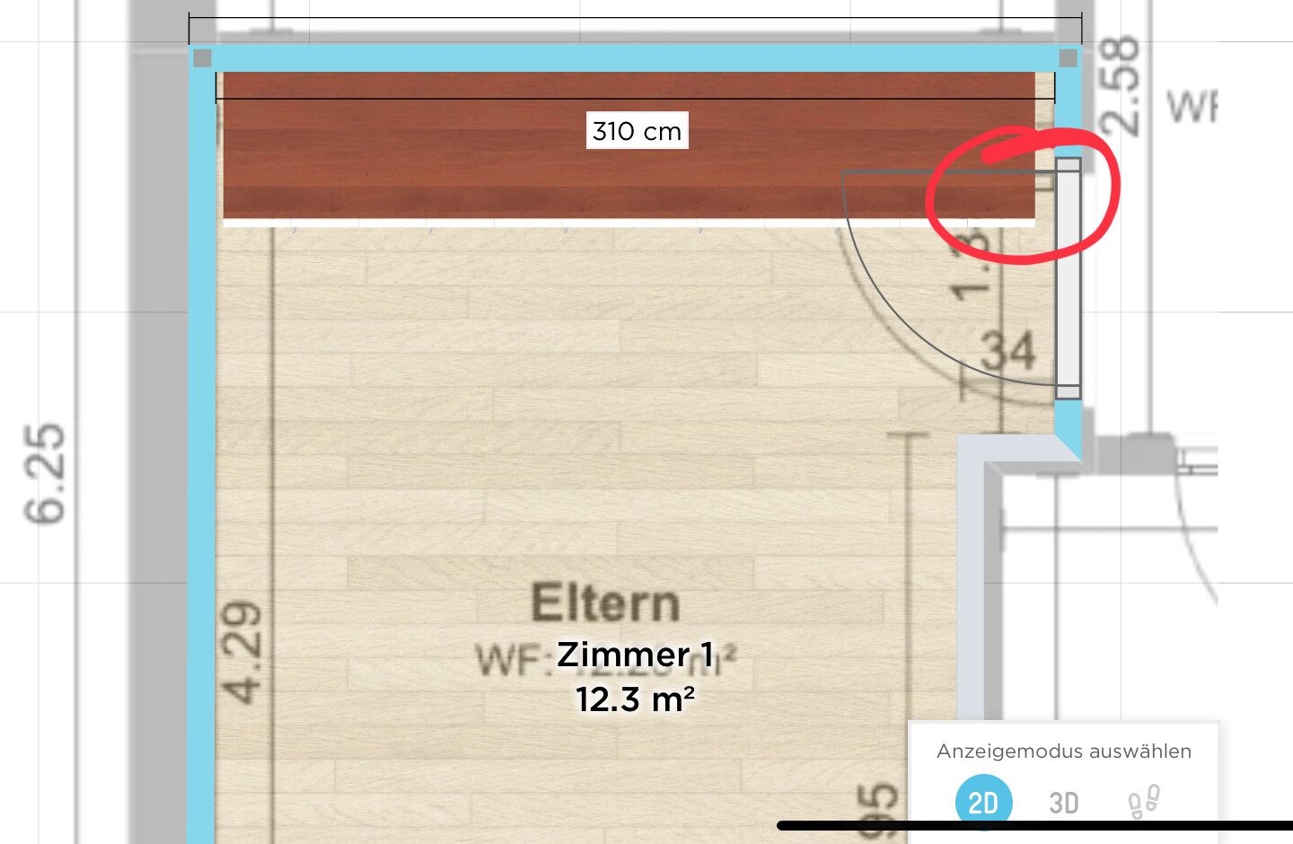 Floor plan of a master bedroom with wooden floor, bed against the upper wall, door opening at right, 310 cm (10 ft 2 in).