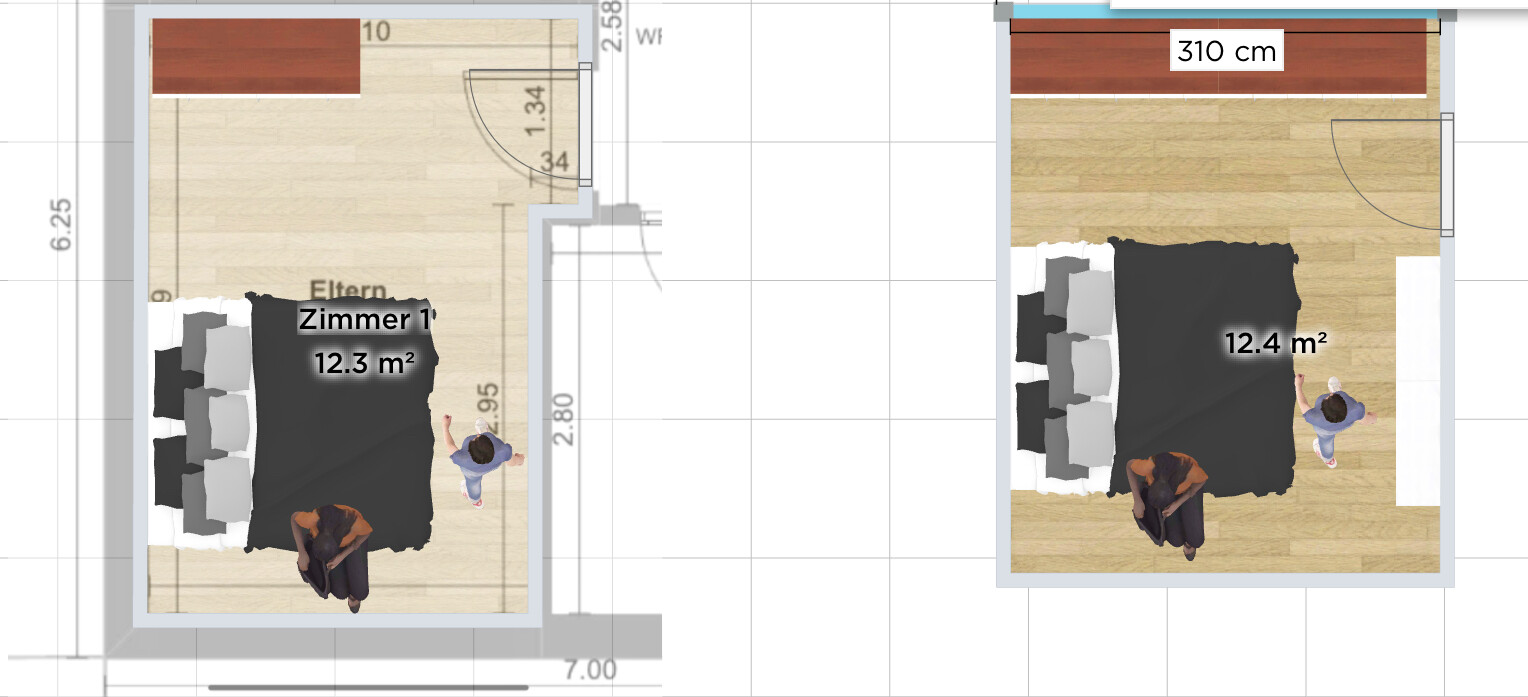 Floor plan of two bedrooms: master bedroom left, children’s bedroom right, each with bed.
