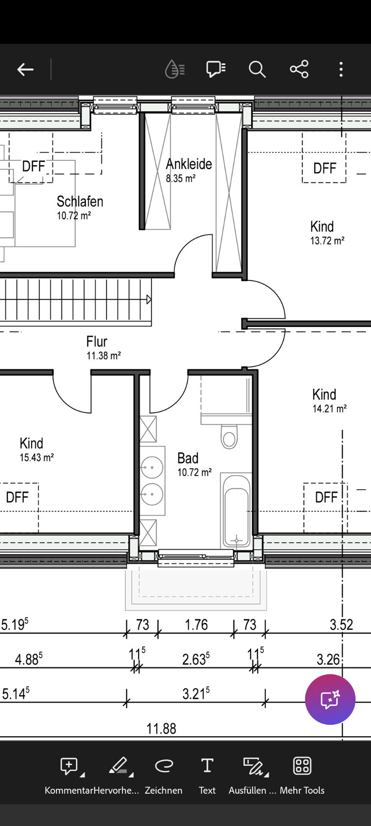 Grundriss eines Wohnhauses: Flur, Schlafen, Bad, Ankleide und mehrere Kinderzimmer.