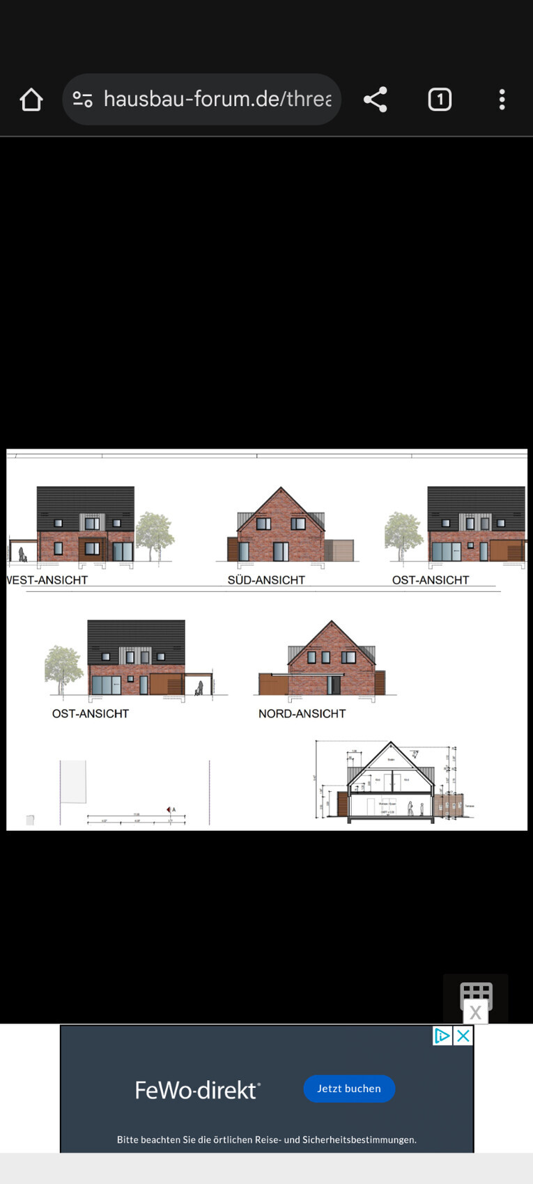 Architectural drawing of a house with west, south, east, and north facades as well as cross-sections.