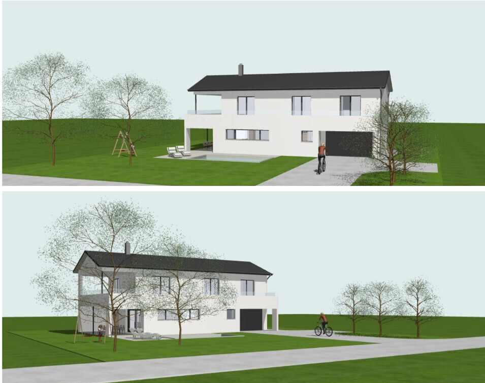Two 3D views of a modern single-family house with garden, trees, person and bicycle.