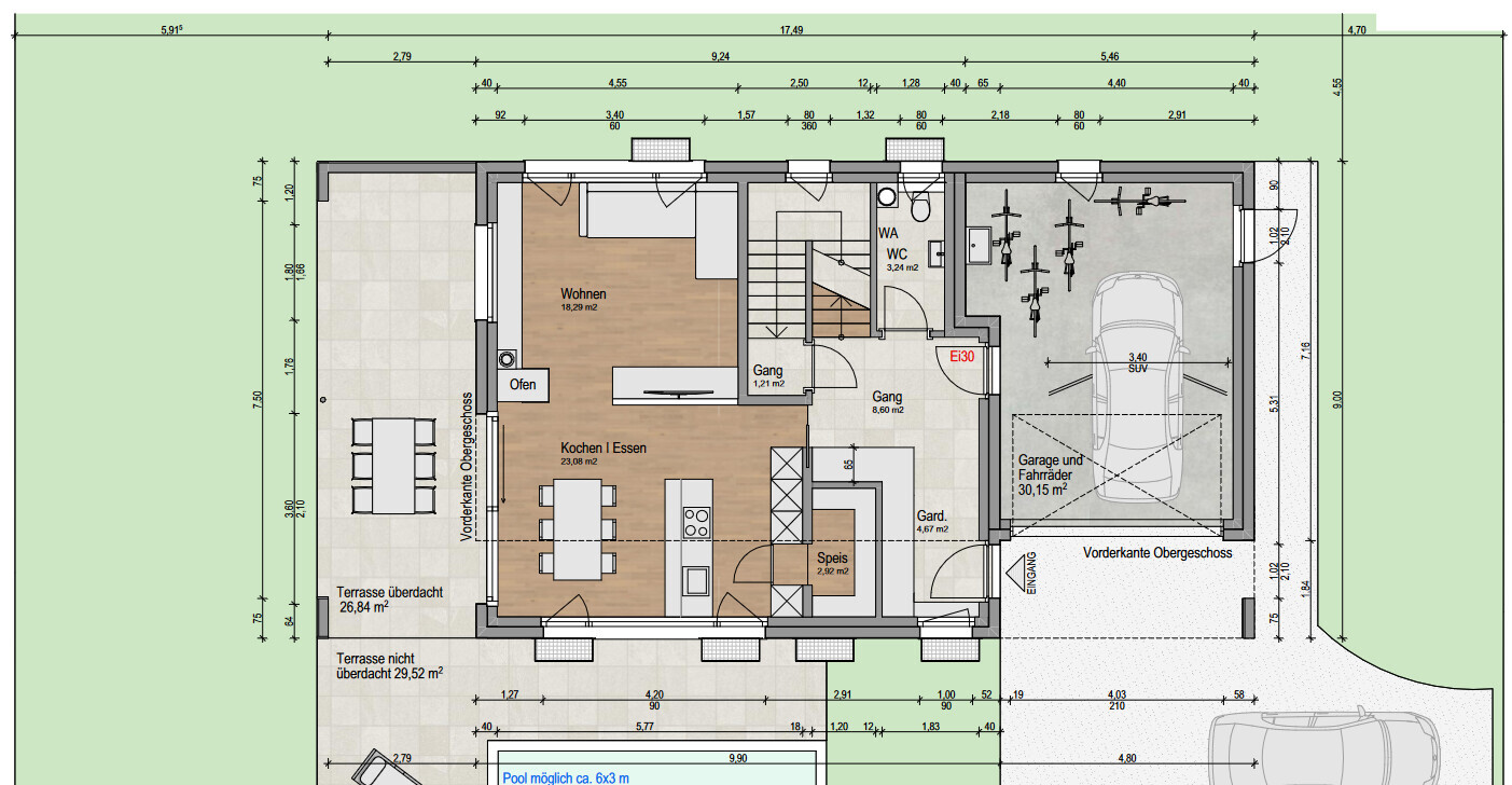 Floor plan of a detached house: living room, kitchen/dining, pantry, guest WC, terrace, and garage.