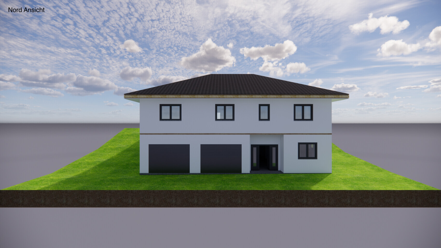 North view of a two-story house, white facade, brown roof, three garages.