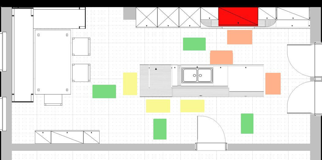 Floor plan of a kitchen with central island, sink, cabinets and dining table on the left.
