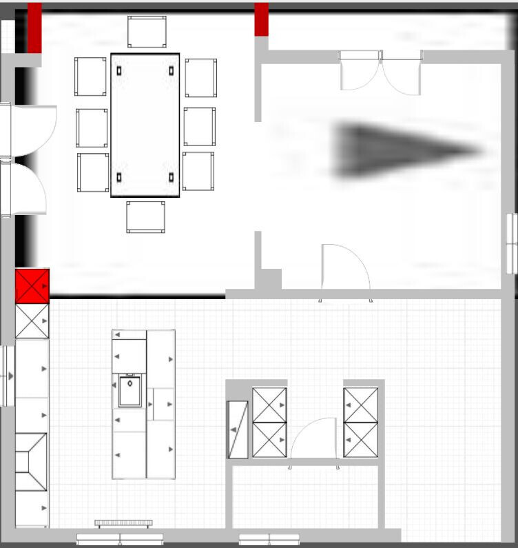 Floor plan of a room: dining area with table and chairs, kitchen with island and doors.