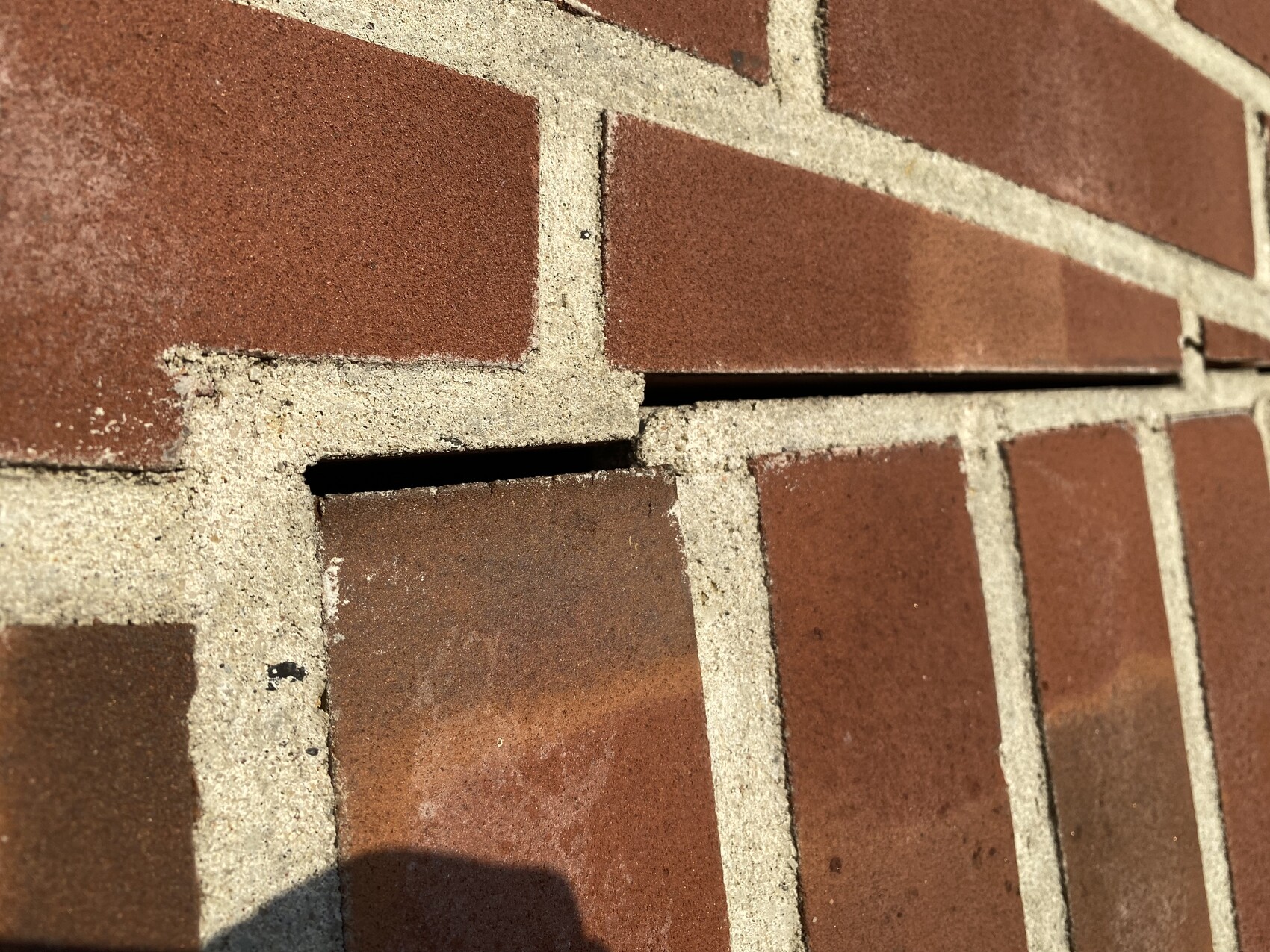 Close-up of red bricks with gray mortar joints of a brick wall.