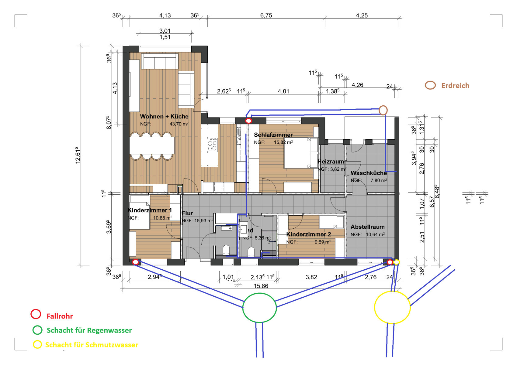 Grundriss eines Hauses: Wohnzimmer, Küche, Schlafzimmer, Kinderzimmer, Waschküche; Rohrleitungen.