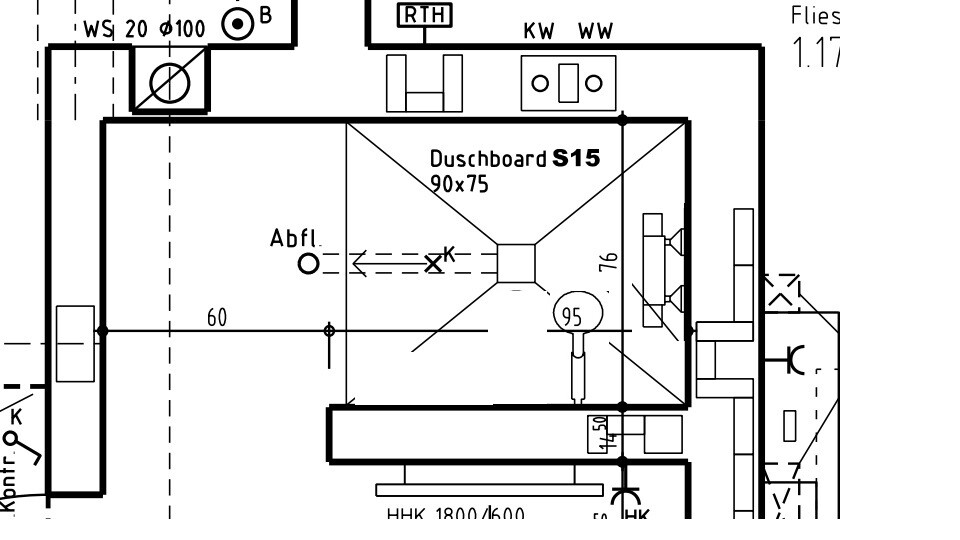 2D bathroom floor plan with shower, drain, and plumbing installations