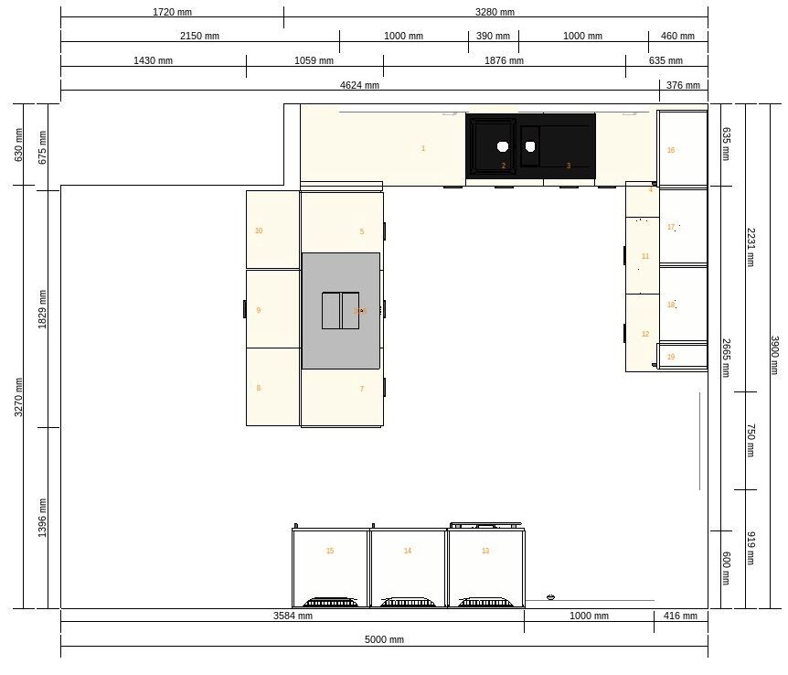 Floor plan of a kitchen layout with island, sink, cooktop, and cabinets, dimension lines