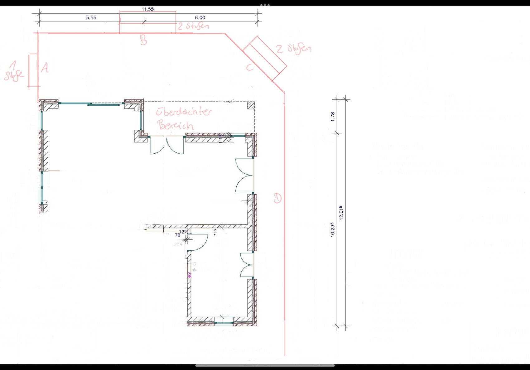 Floor plan of a building with interior rooms, doors, red outer frame, and labels A–C.