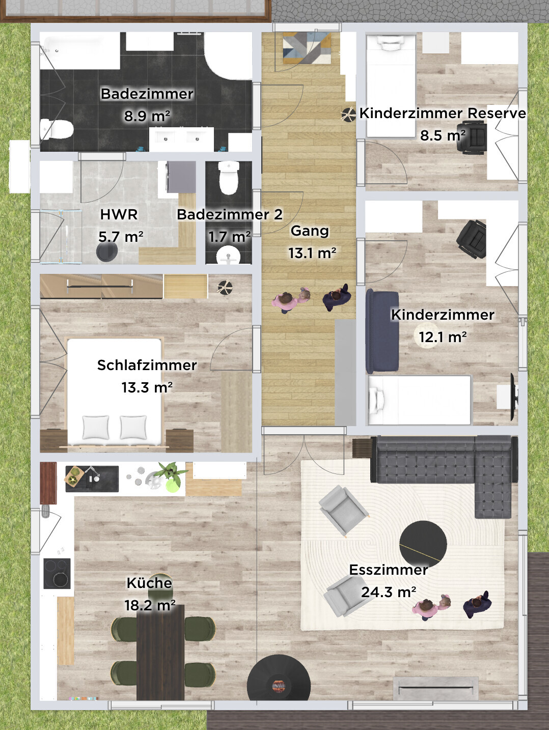 Floor plan of a house with kitchen, dining room, bedroom, children’s room, bathroom, utility room, and hallway
