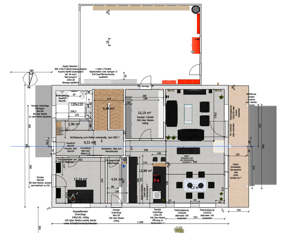 Detailed floor plan of a house with kitchen, living and dining room, bedroom, bathroom, garage.