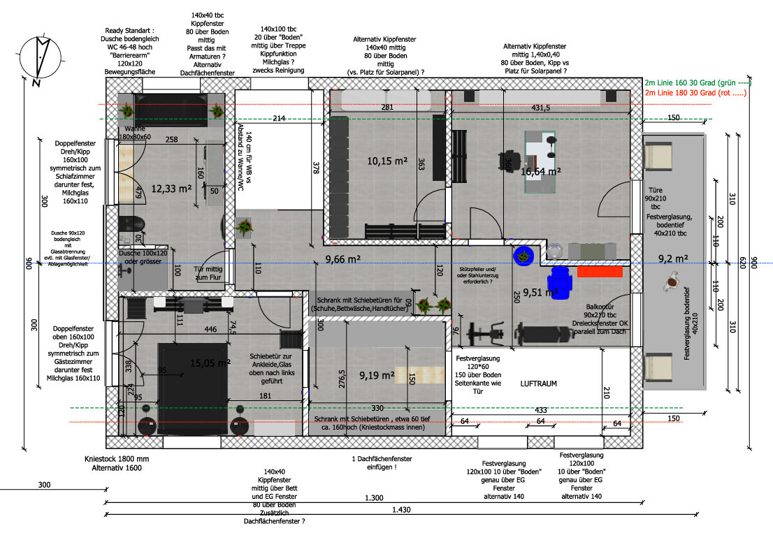 Floor plan of an apartment with multiple rooms, doors, windows, furniture and measurements.