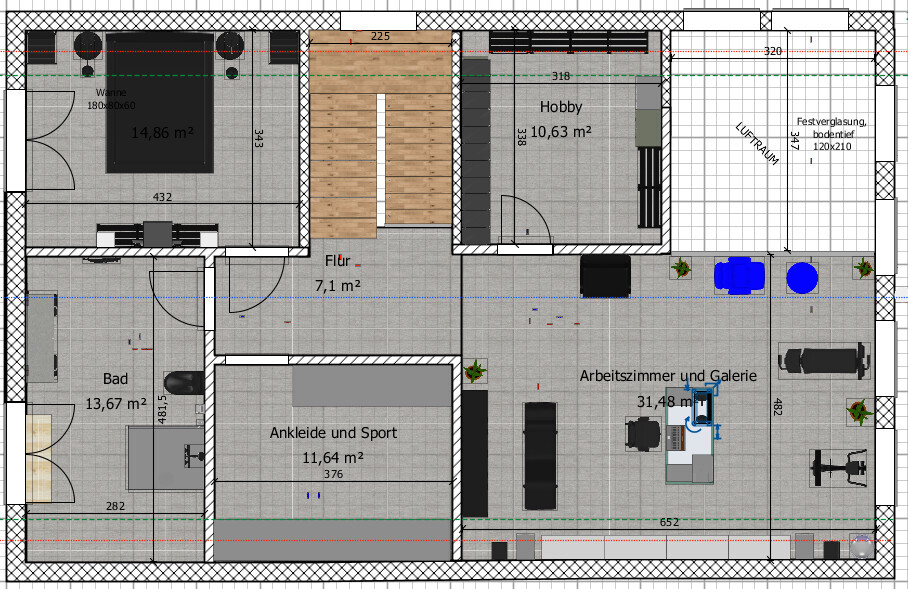 2D floor plan of a house with bathroom, hallway, dressing room, study, and hobby room