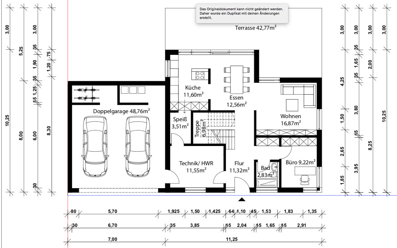 Grundriss eines Hauses: Doppelgarage, Küche, Essen, Wohnen, Büro, Bad, Technik/HWR, Flur, Terrasse