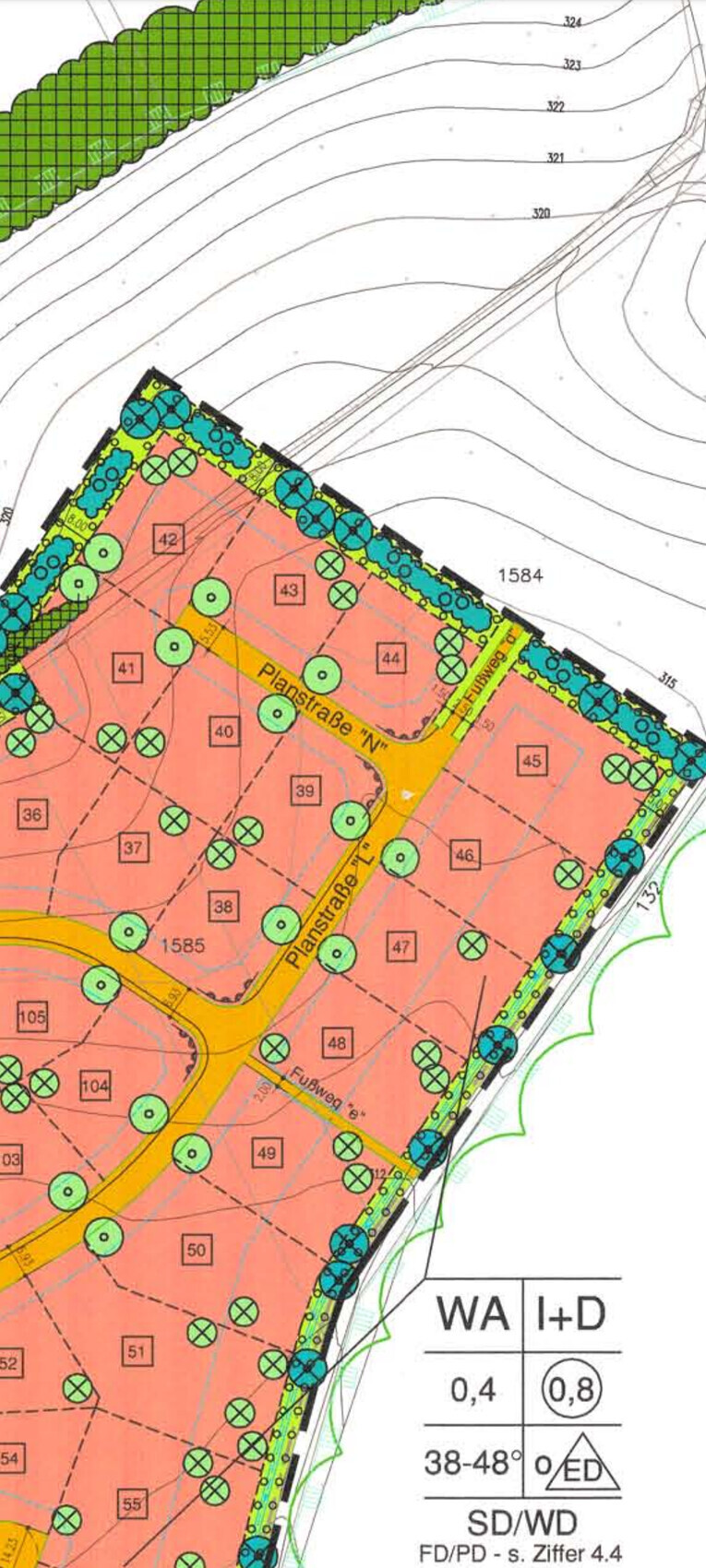 Overview plan of a building area with yellow streets, pink parcels, trees, and contour lines.