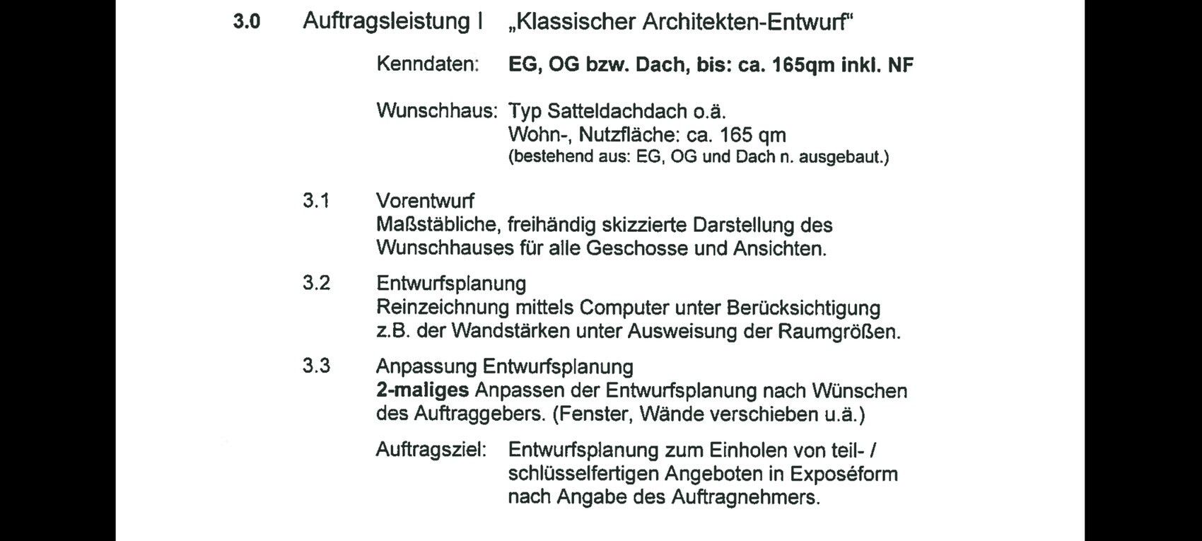 Architecture document page with sections 3.0–3.3: Scope of services, preliminary design, and design planning.