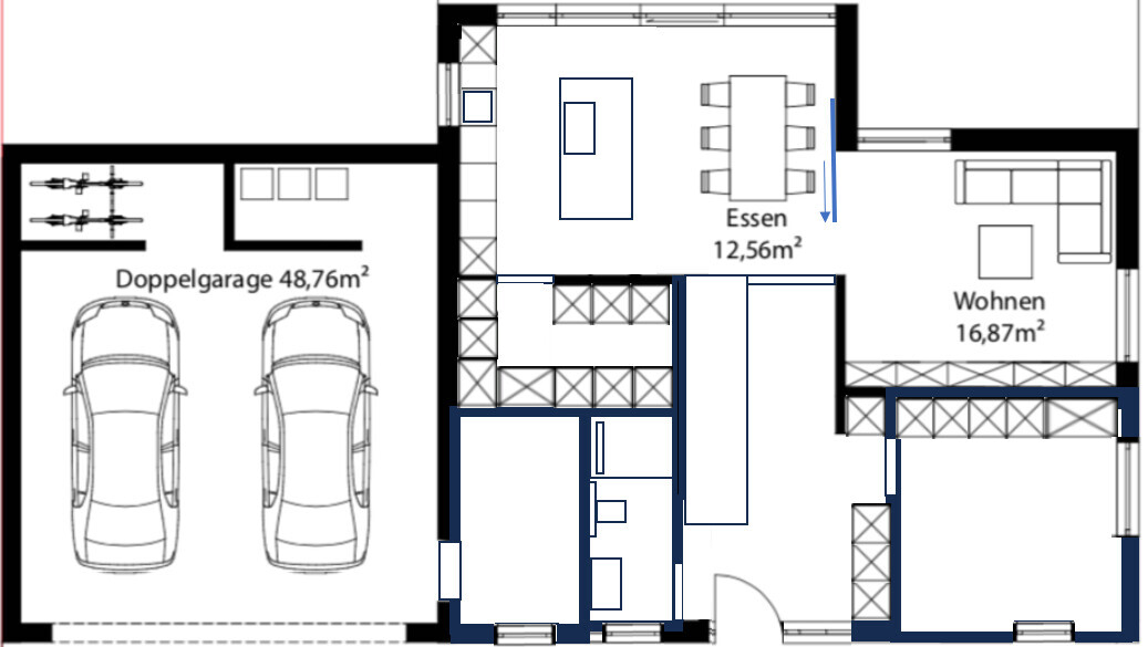Floor plan of a house: double garage on the left, kitchen/dining in the middle, living room on the right, entrance at the bottom.