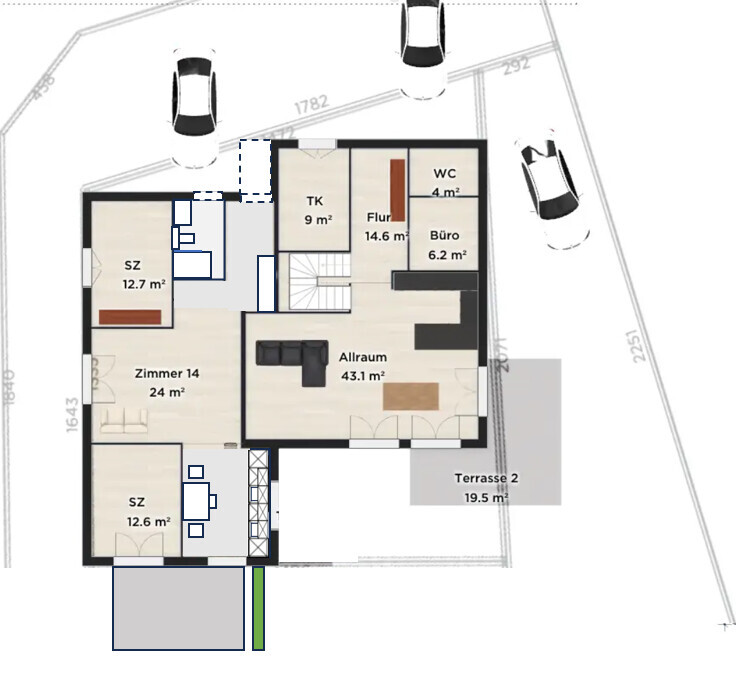 Grundriss eines Hauses von oben mit Zimmer, Allraum, Flur, Terrasse und Parkplätzen.
