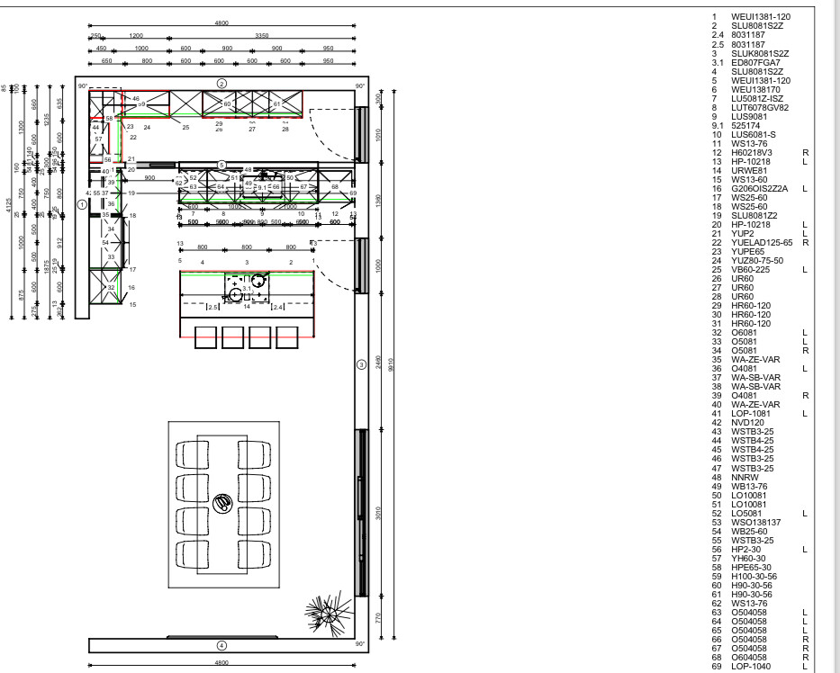 Floor plan of a room with kitchen block, dining table and seating area; dimensions and legend