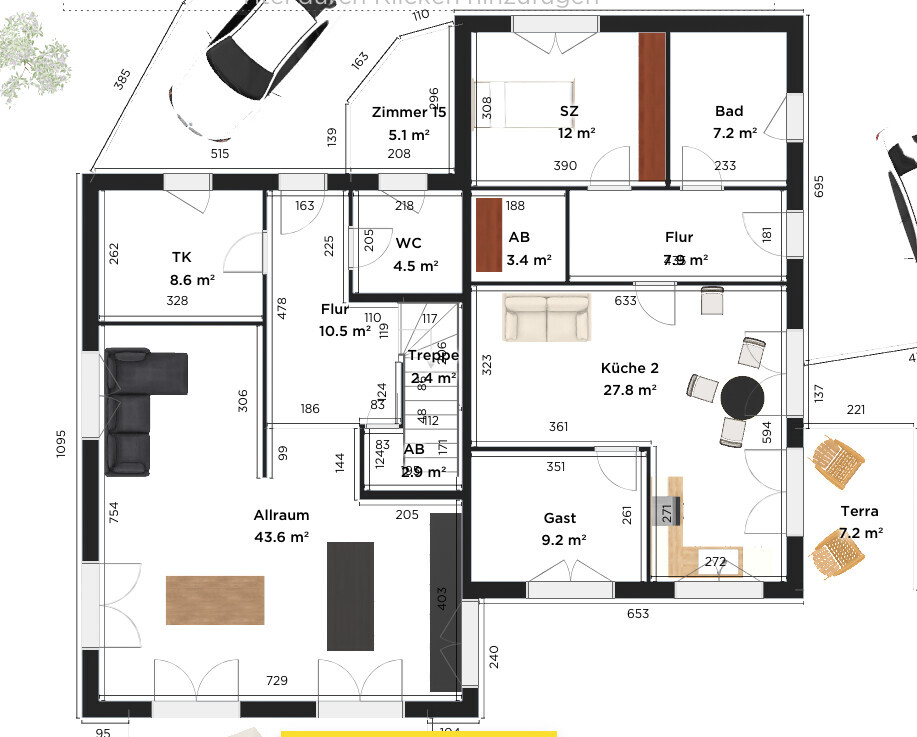 Grundriss eines Hauses mit Allraum, Küche, Gast, SZ, Bad, Terrasse und Fluren mit Größenangaben