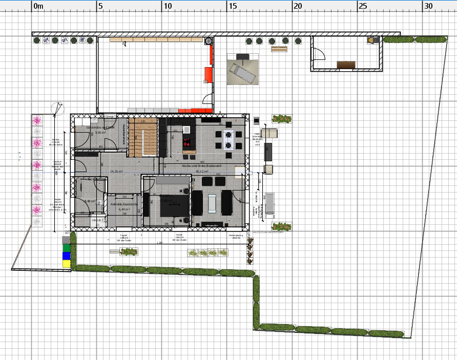 2D floor plan of a house with kitchen, living room, and garden.