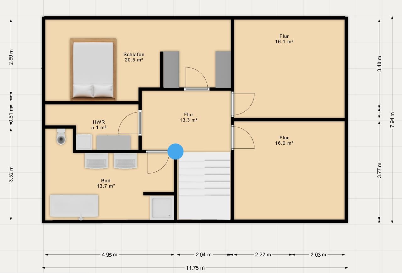Grundriss eines Obergeschosses mit Schlafzimmer, Bad, HWR, Treppenaufgang und drei Fluren.