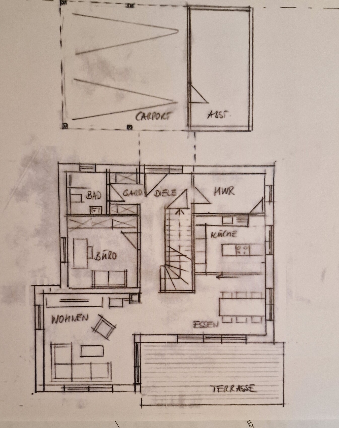 Ground plan of a house with living room, office, bathroom, hallway, kitchen, dining, utility room, stairs and terrace.