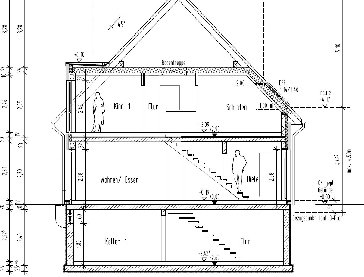 Architektur-Schnitt durch ein Haus mit Dach, Treppen, Fluren, Zimmern und Keller.