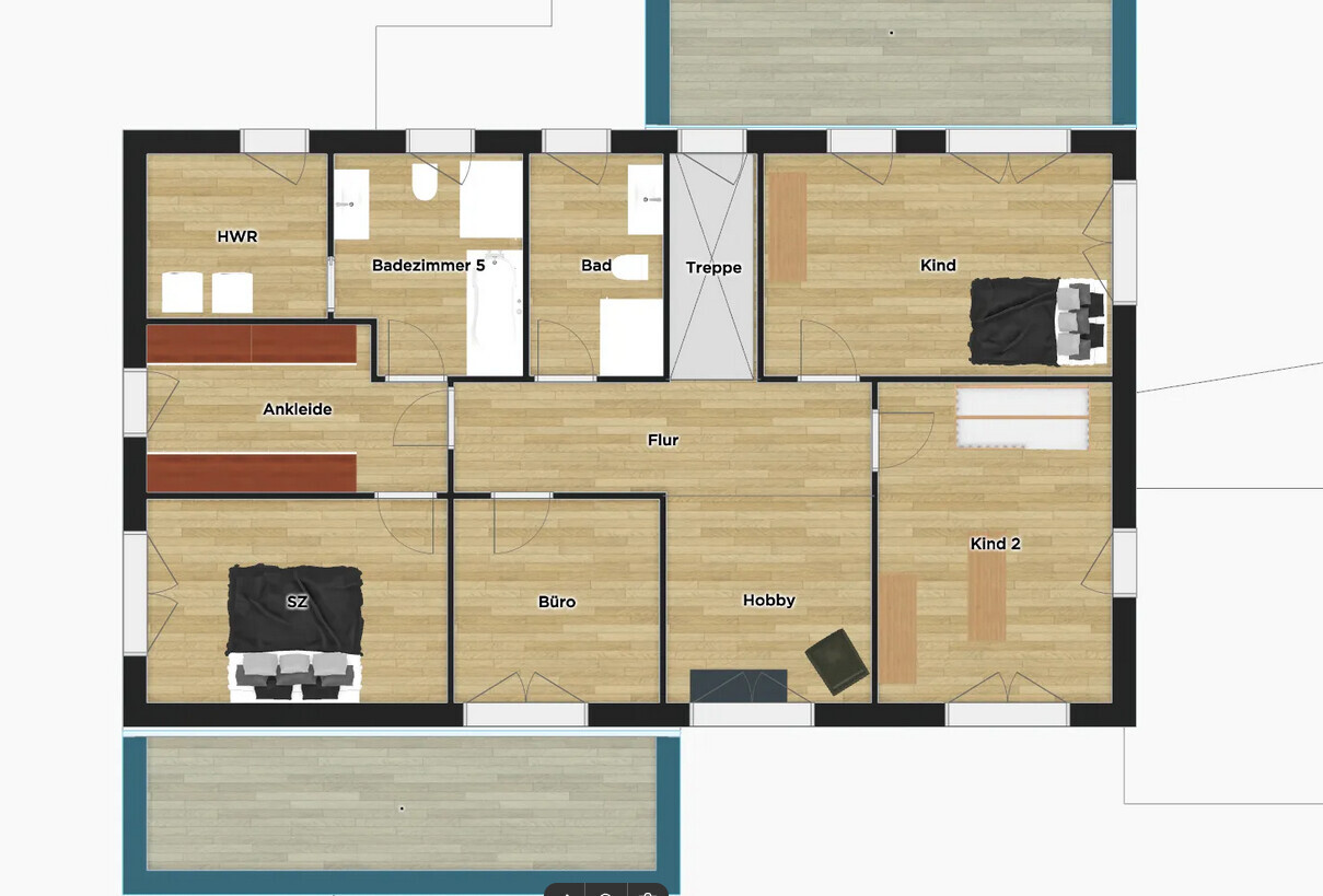 Floor plan of a house: hallway, bedroom, walk-in closet, office, hobby room, 2 kids’ rooms, bathroom, staircase