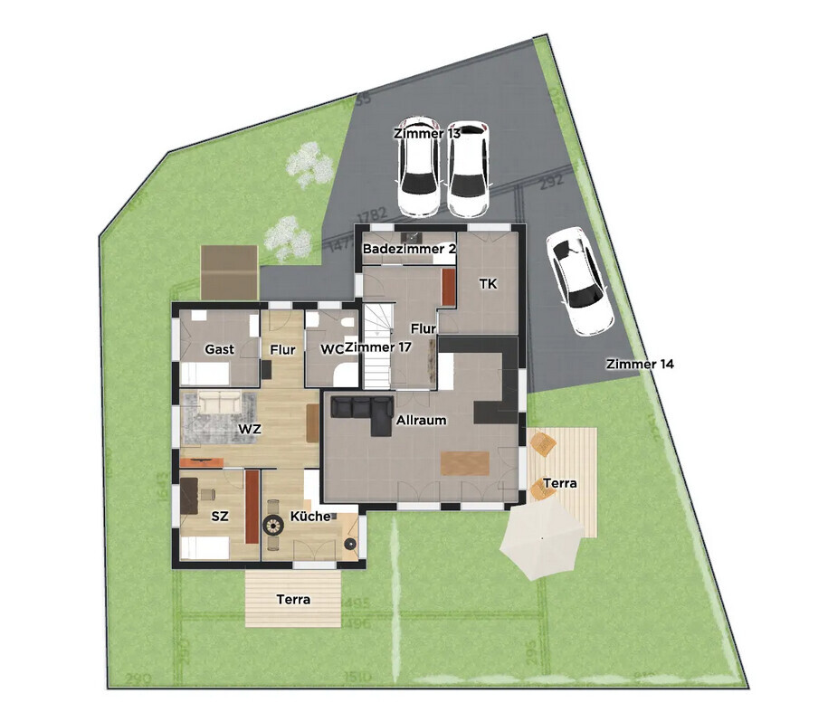 Floor plan of a house: Room 13, Room 14, kitchen, guest room, open space, terrace, parking spaces.