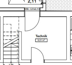 Floor plan showing technical room with stairs on the left and door to the hallway on the ground floor