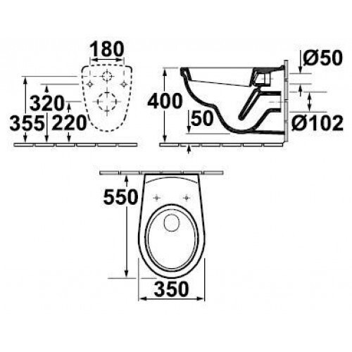 Technical drawing of a toilet with dimensions, side and top view