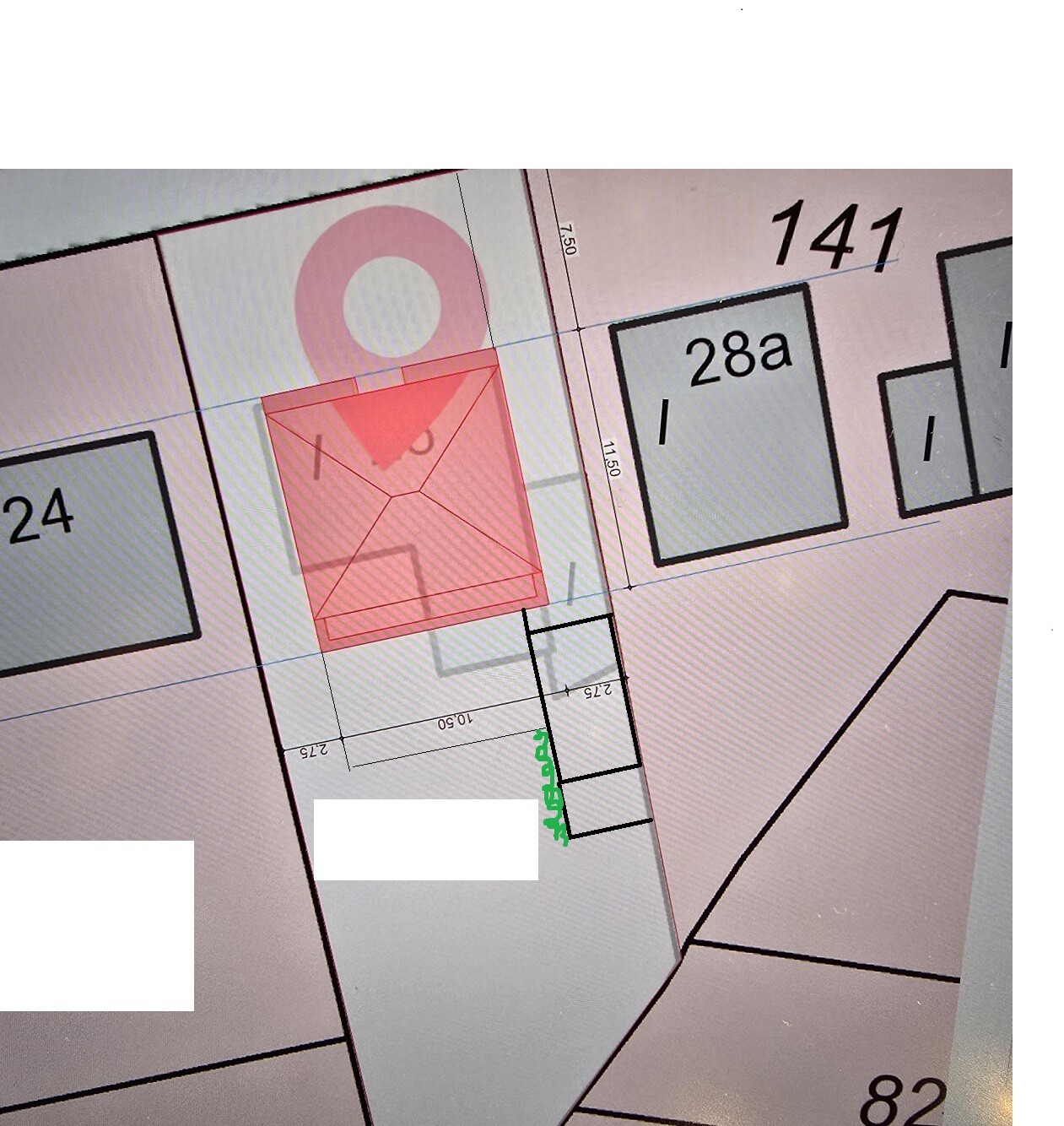 Site plan with red parcel outline and pink location pin.